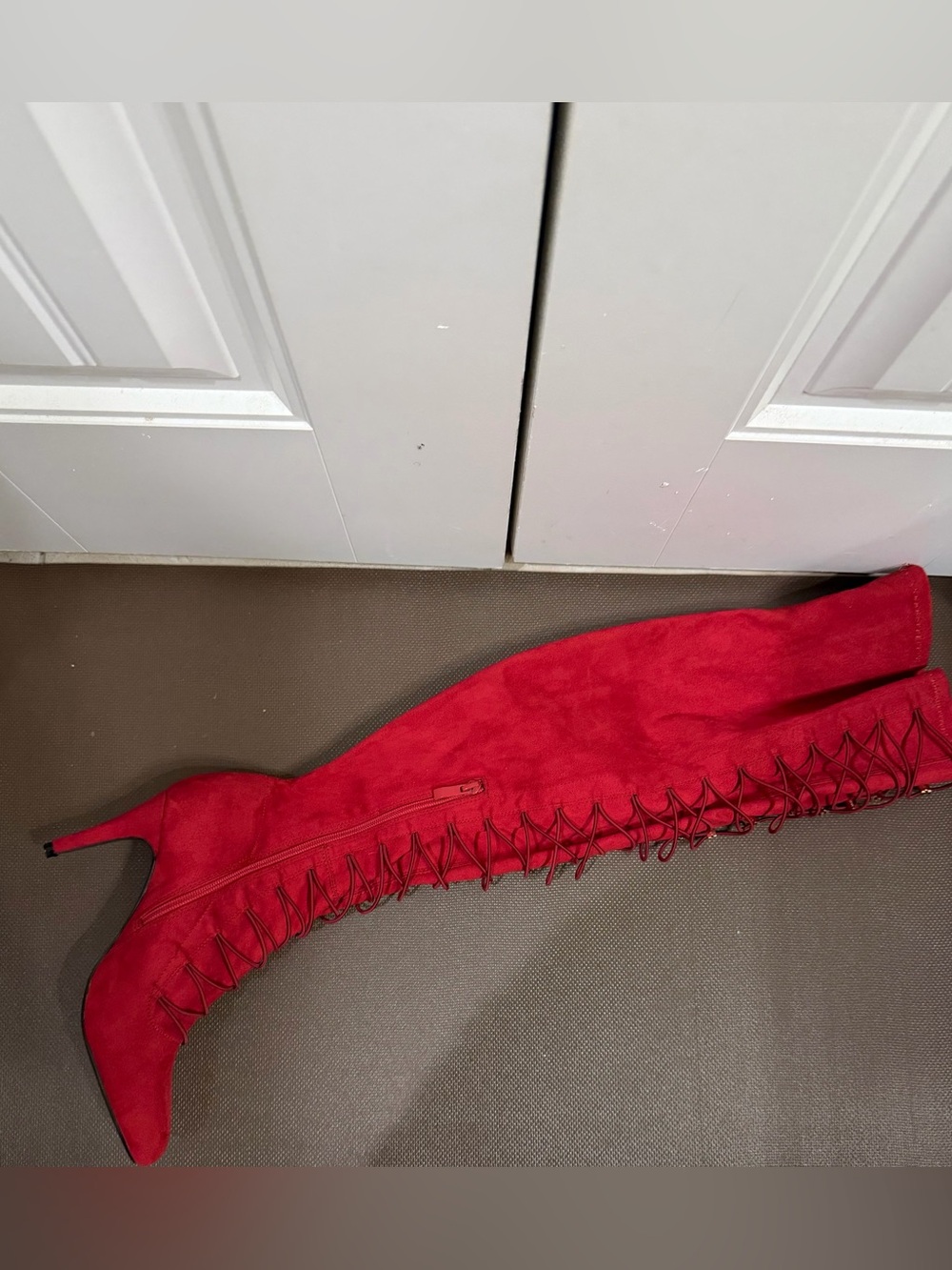 Journee Collection Red Over-the-Knee Lace-Up Heeled Boot - Picture 4 of 6